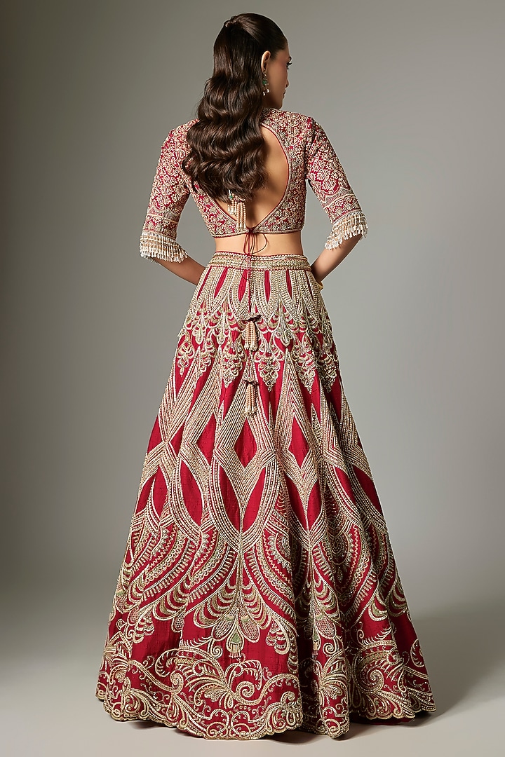 Red Raw Silk Zardosi Work Bridal Lehenga Set by Jayanti Reddy at Pernia's Pop Up Shop
