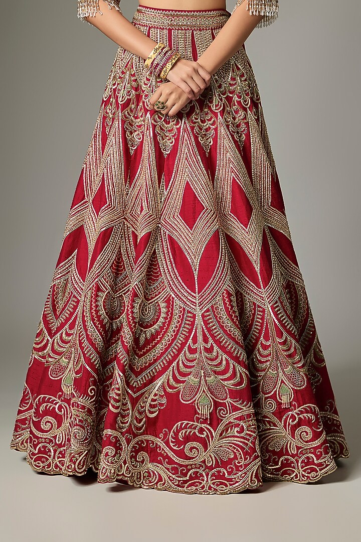 Red Raw Silk Zardosi Work Bridal Lehenga Set by Jayanti Reddy at Pernia's Pop Up Shop