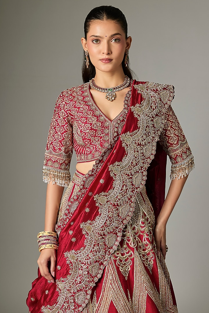 Red Raw Silk Zardosi Work Bridal Lehenga Set by Jayanti Reddy at Pernia's Pop Up Shop
