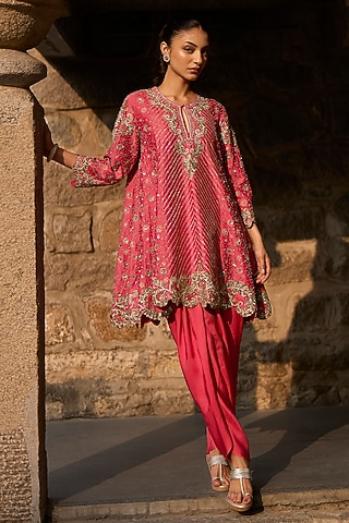 Coral Silk Zardosi Embroidered Tunic Set by Jayanti Reddy