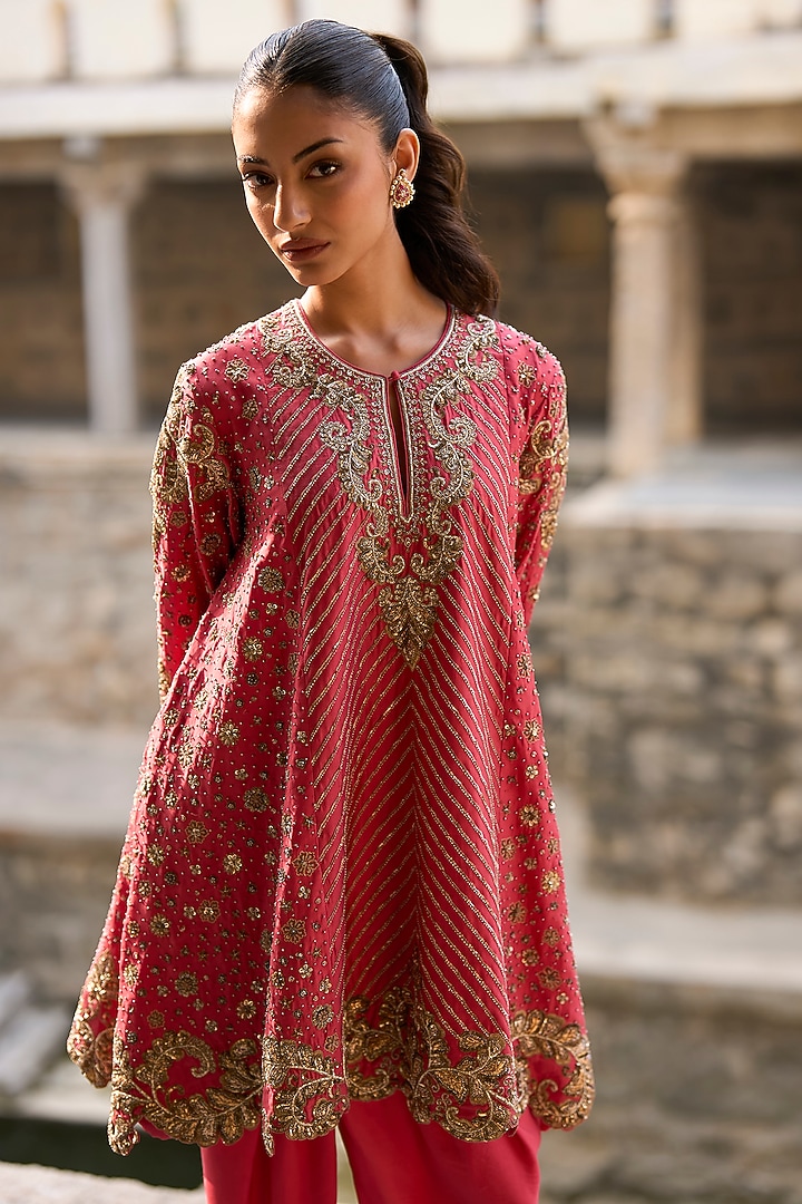 Coral Silk Zardosi Embroidered Tunic Set by Jayanti Reddy at Pernia's Pop Up Shop