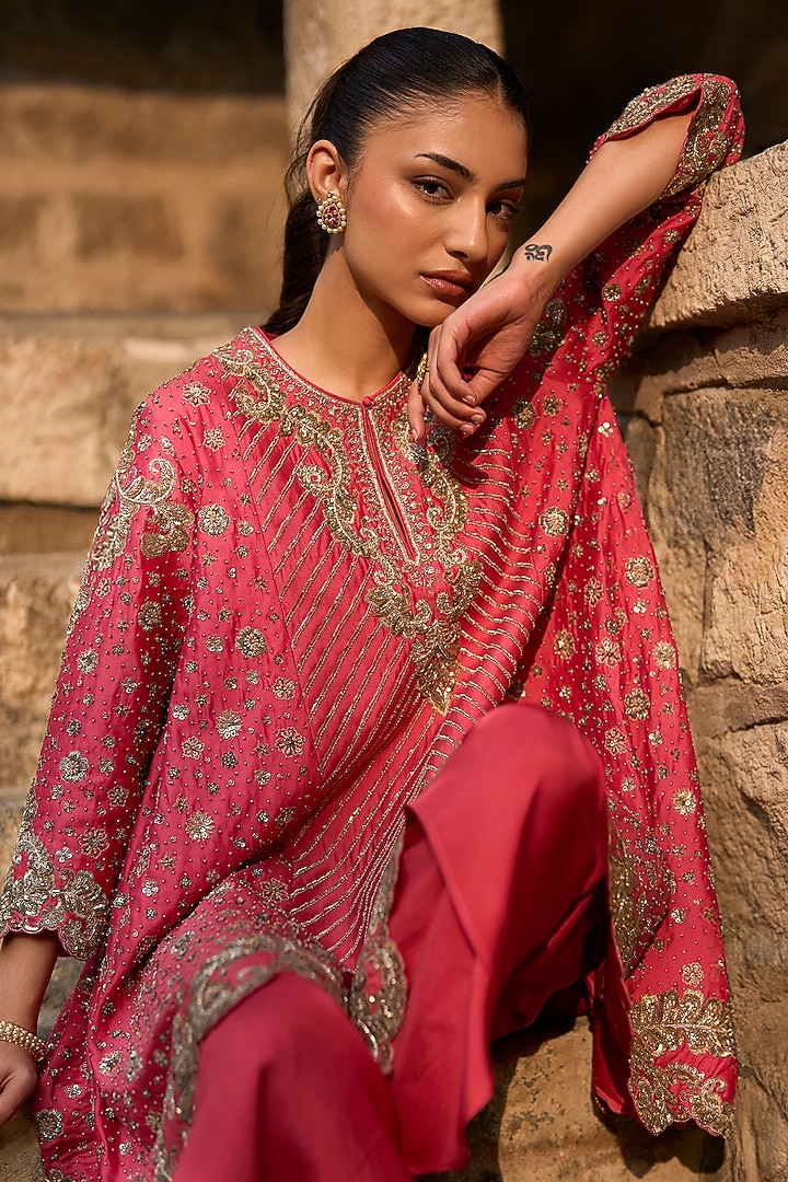 Coral Silk Zardosi Embroidered Tunic Set by Jayanti Reddy at Pernia's Pop Up Shop