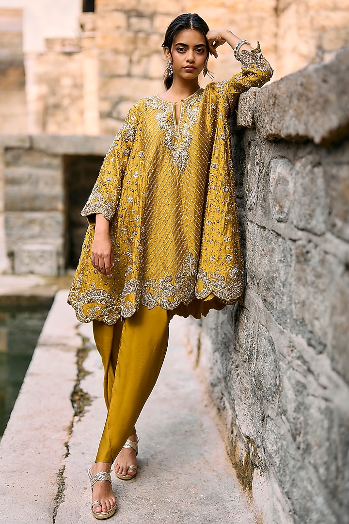 Mustard Silk Zardosi Embroidered Tunic Set by Jayanti Reddy at Pernia's Pop Up Shop