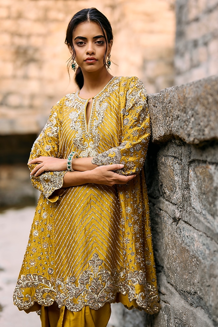 Mustard Silk Zardosi Embroidered Tunic Set by Jayanti Reddy at Pernia's Pop Up Shop