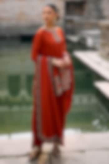 Rust Orange Silk Zardosi Embroidered Tunic Set by Jayanti Reddy at Pernia's Pop Up Shop