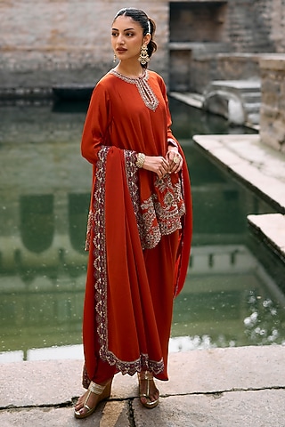 Rust Orange Silk Zardosi Embroidered Tunic Set by Jayanti Reddy
