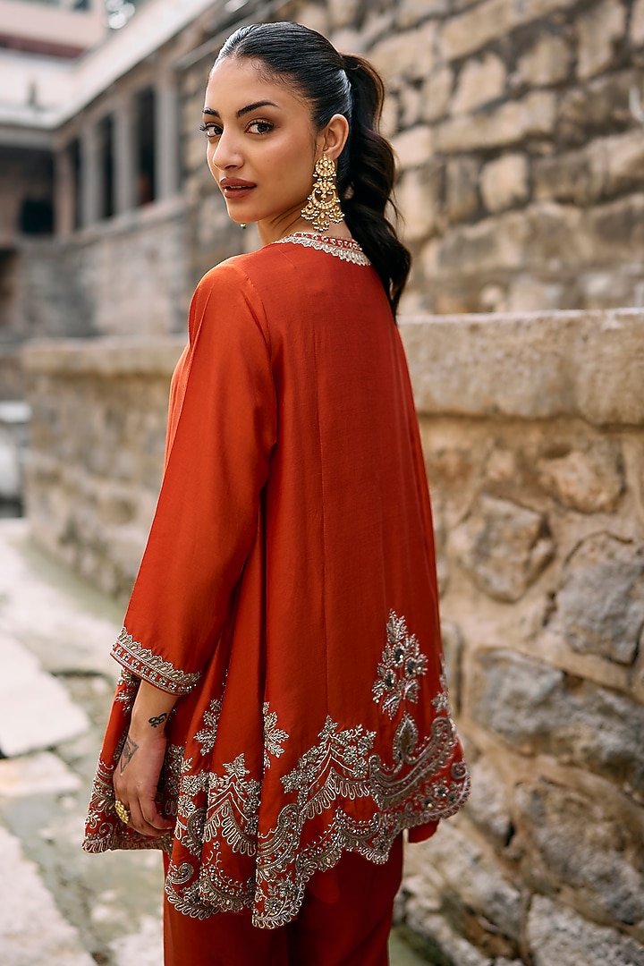 Rust Orange Silk Zardosi Embroidered Tunic Set by Jayanti Reddy at Pernia's Pop Up Shop