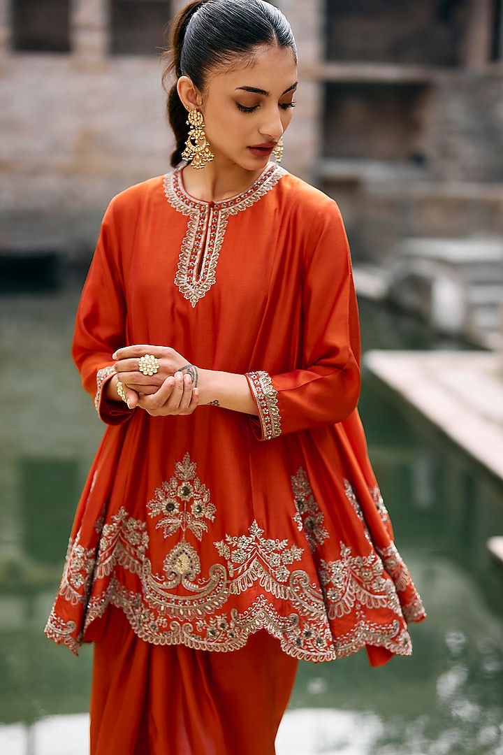 Rust Orange Silk Zardosi Embroidered Tunic Set by Jayanti Reddy at Pernia's Pop Up Shop