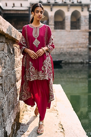 Pink Silk Zardosi Embroidered Tunic Set by Jayanti Reddy