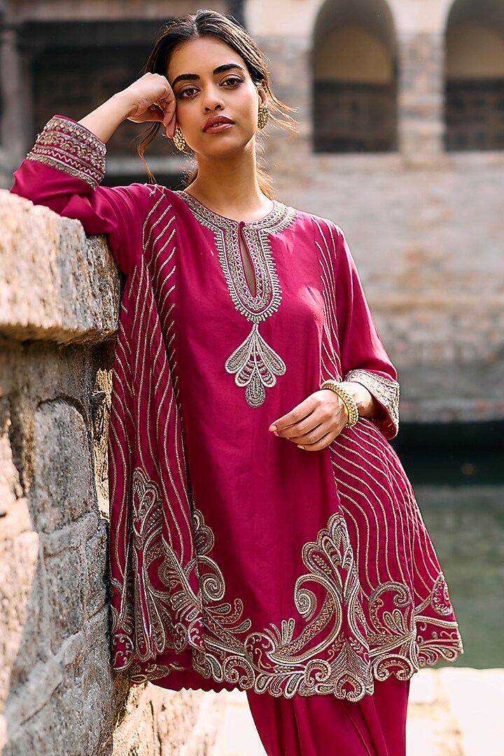 Pink Silk Zardosi Embroidered Tunic Set by Jayanti Reddy at Pernia's Pop Up Shop