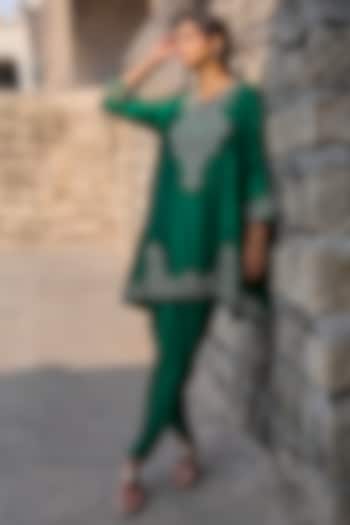 Bottle Green Silk Zardosi Embroidered Tunic Set by Jayanti Reddy at Pernia's Pop Up Shop
