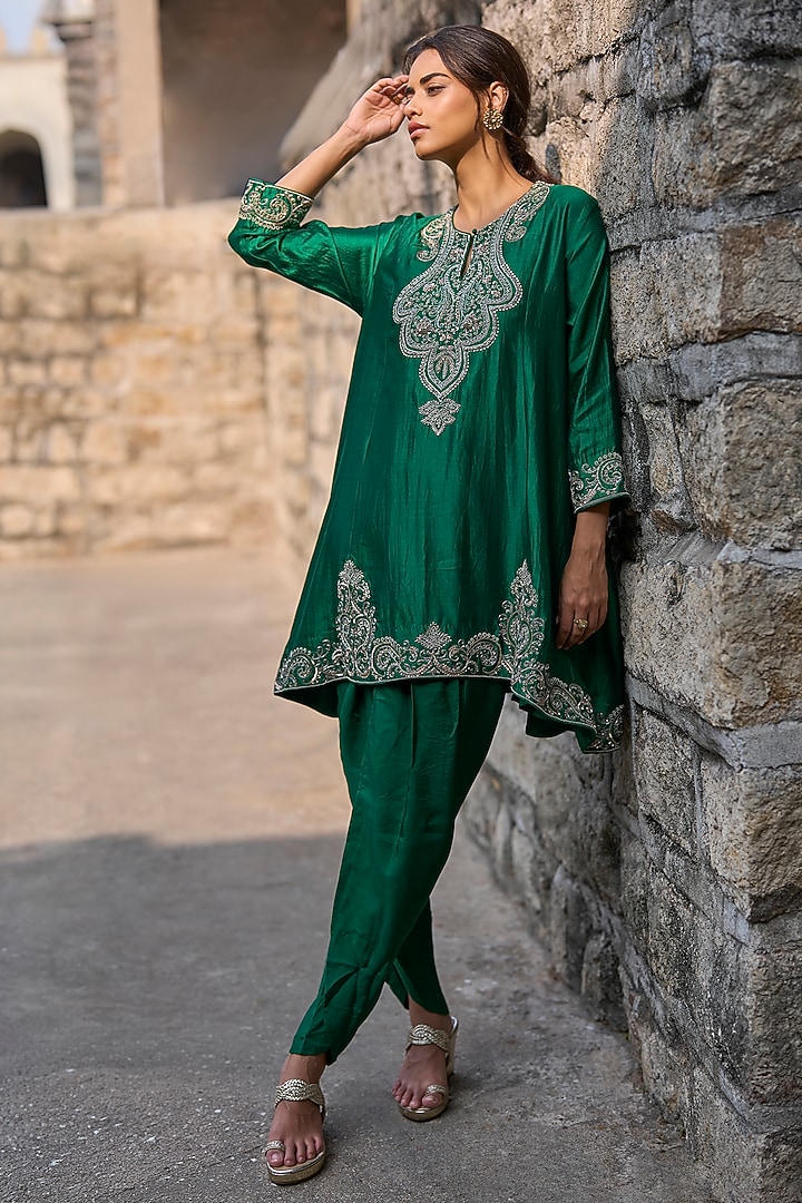 Bottle Green Silk Zardosi Embroidered Tunic Set by Jayanti Reddy at Pernia's Pop Up Shop