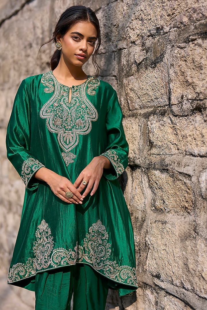 Bottle Green Silk Zardosi Embroidered Tunic Set by Jayanti Reddy at Pernia's Pop Up Shop