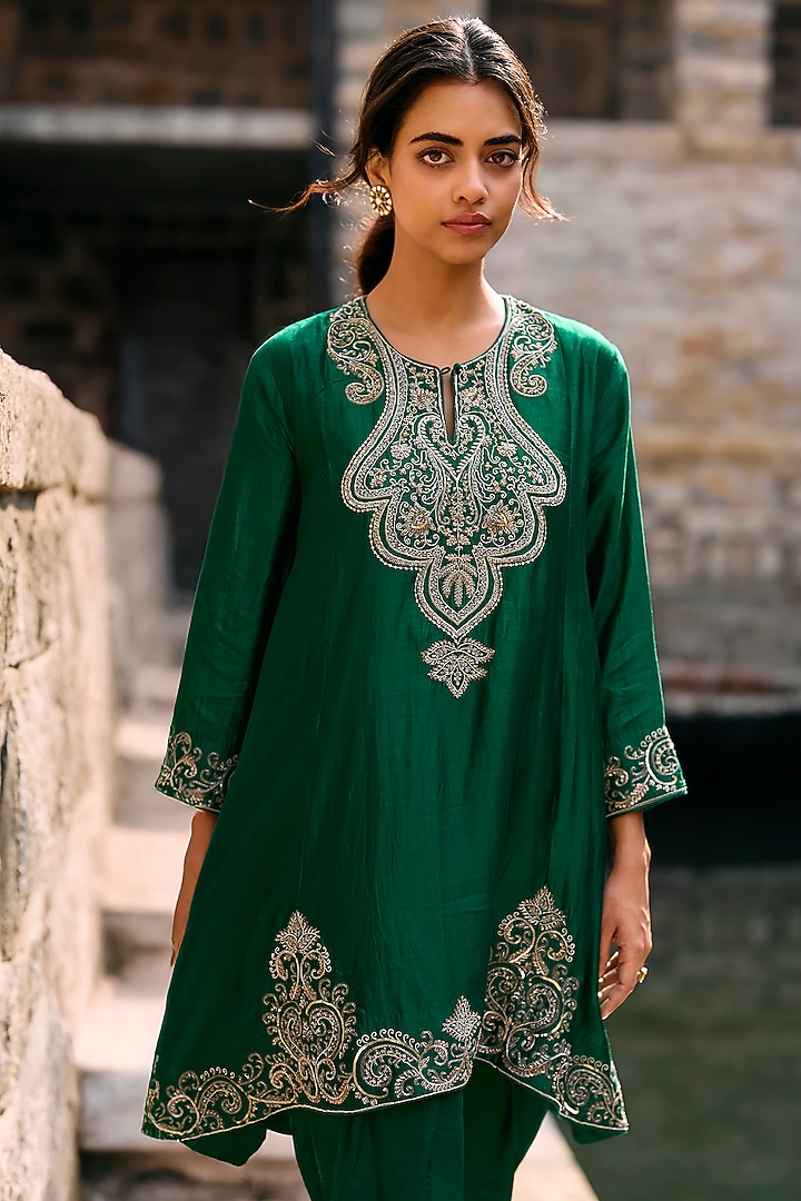 Bottle Green Silk Zardosi Embroidered Tunic Set by Jayanti Reddy at Pernia's Pop Up Shop
