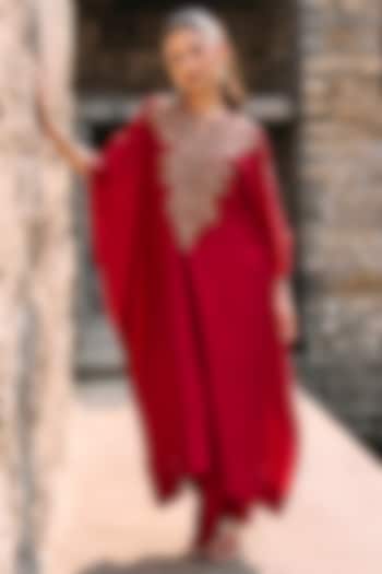 Red Silk Zardosi Embroidered Kaftan Set by Jayanti Reddy at Pernia's Pop Up Shop