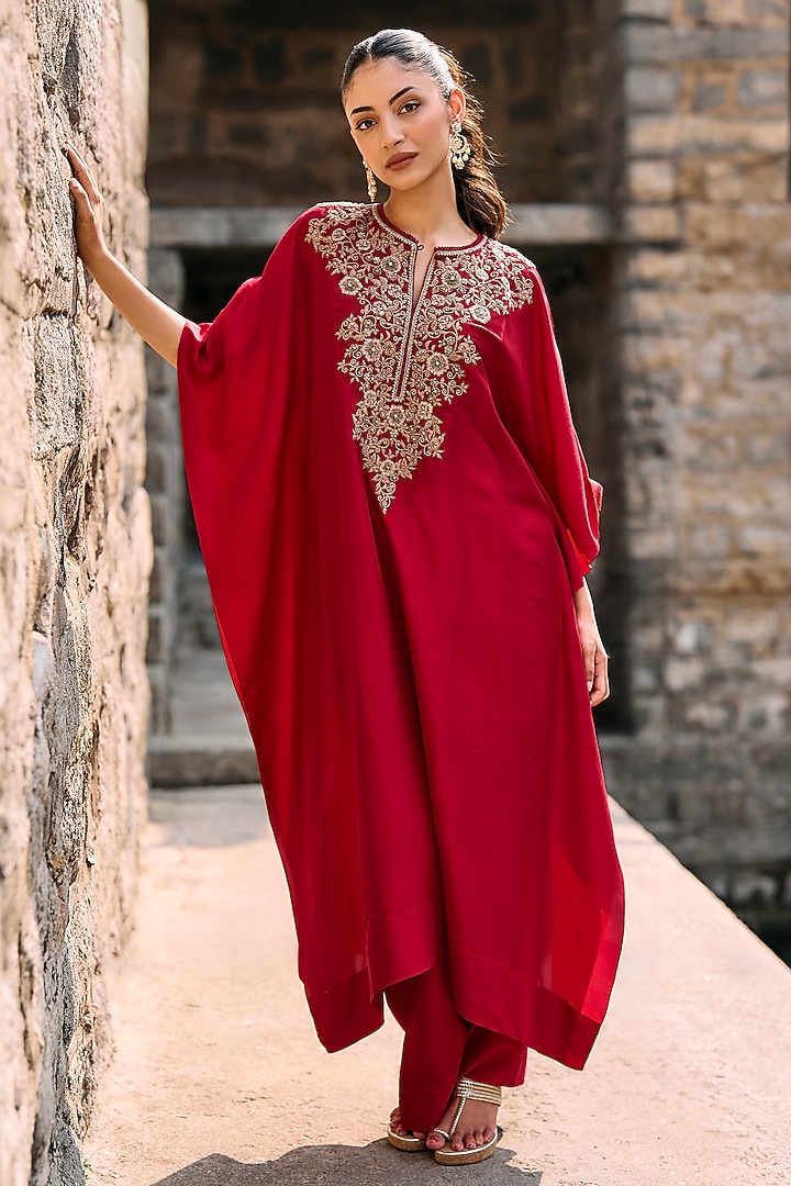 Red Silk Zardosi Embroidered Kaftan Set by Jayanti Reddy at Pernia's Pop Up Shop