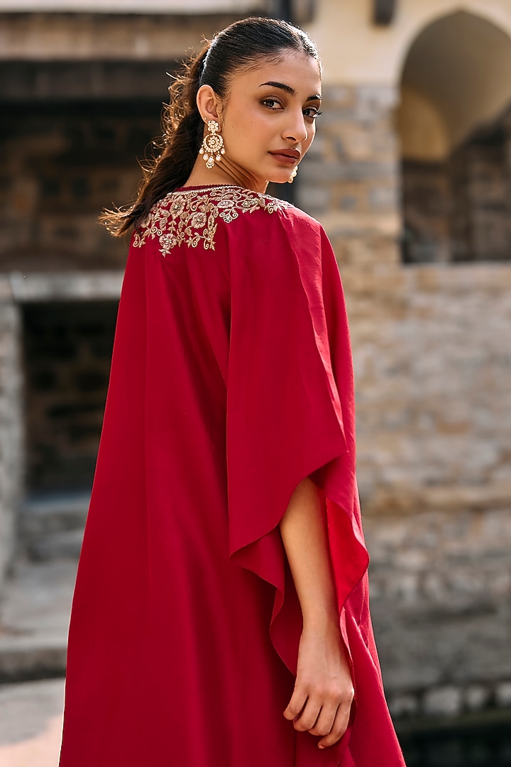 Red Silk Zardosi Embroidered Kaftan Set by Jayanti Reddy at Pernia's Pop Up Shop