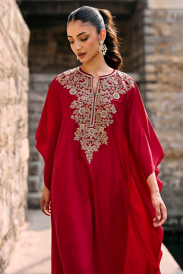 Red Silk Zardosi Embroidered Kaftan Set by Jayanti Reddy at Pernia's Pop Up Shop