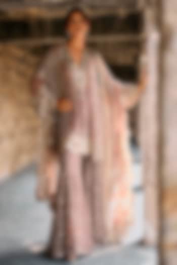 Peach Net Sequins Embroidered Bridal Sharara Set by Jayanti Reddy at Pernia's Pop Up Shop