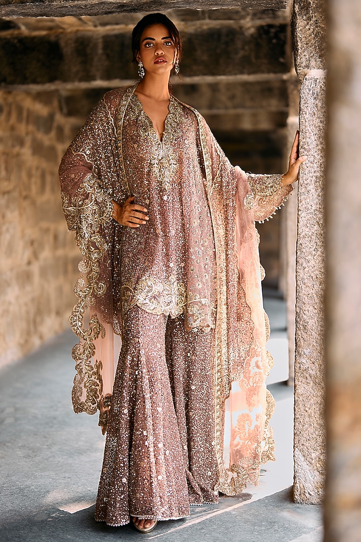 Peach Net Sequins Embroidered Bridal Sharara Set by Jayanti Reddy at Pernia's Pop Up Shop