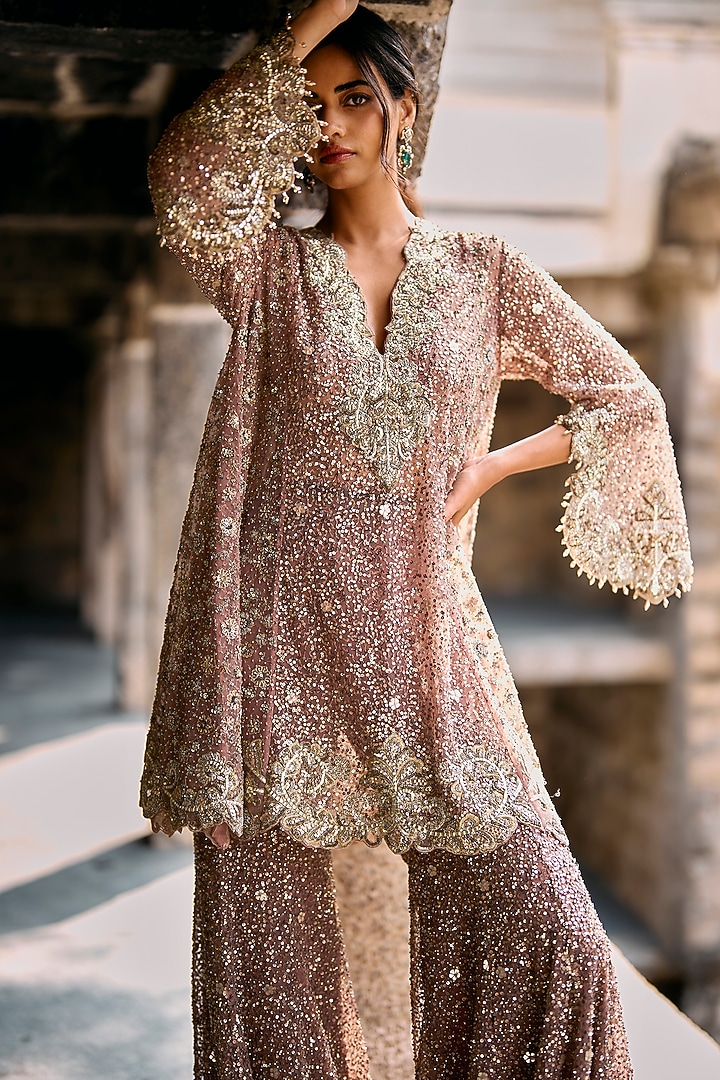 Peach Net Sequins Embroidered Bridal Sharara Set by Jayanti Reddy at Pernia's Pop Up Shop