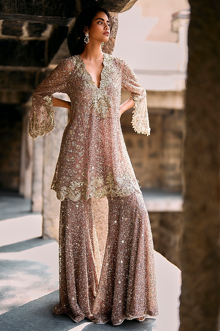 Peach Net Sequins Embroidered Bridal Sharara Set by Jayanti Reddy at Pernia's Pop Up Shop