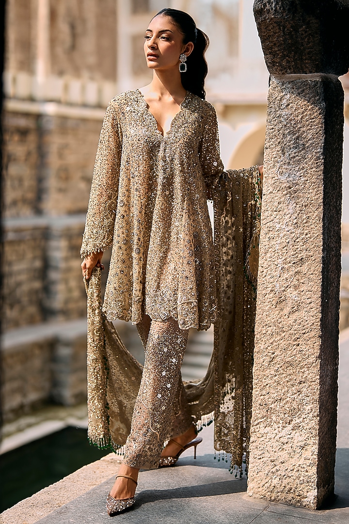 Ivory Net Sequins Embroidered Cape Set by Jayanti Reddy at Pernia's Pop Up Shop