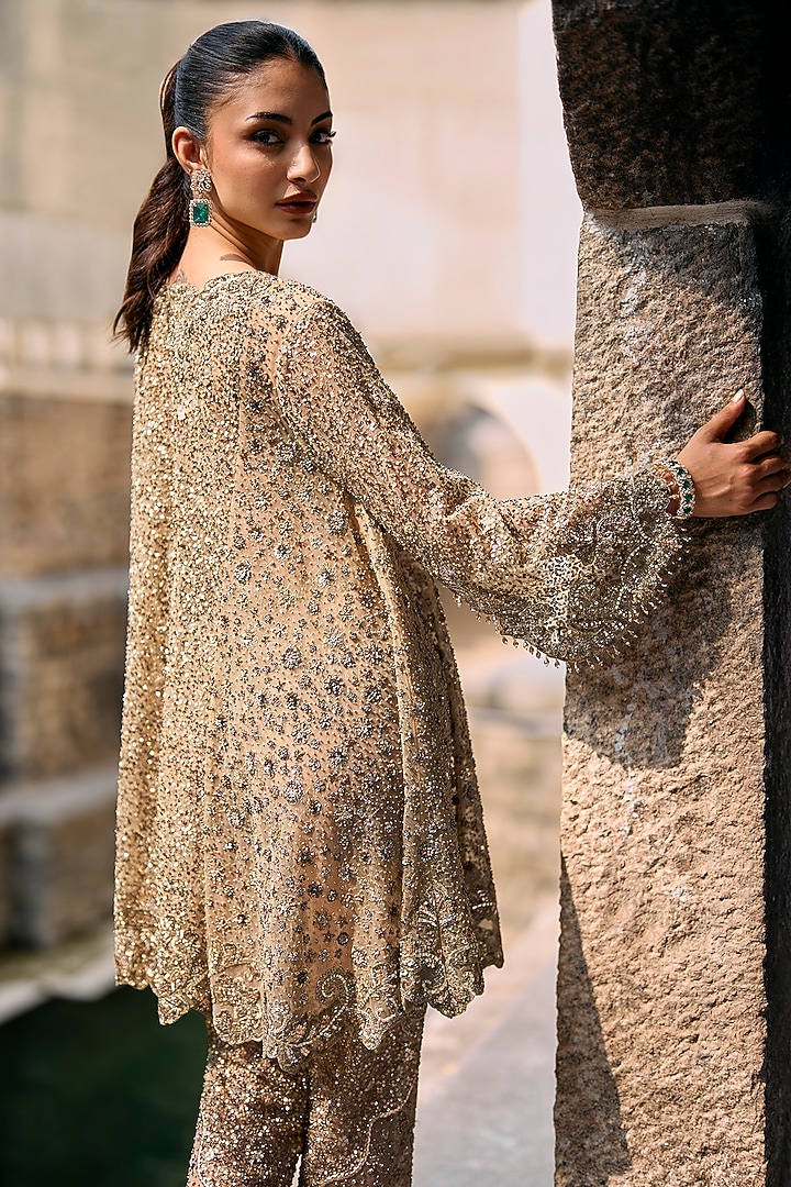 Ivory Net Sequins Embroidered Cape Set by Jayanti Reddy at Pernia's Pop Up Shop
