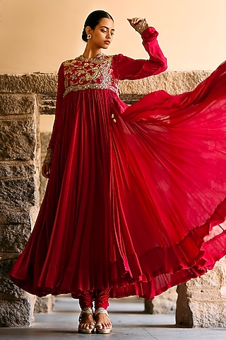 Red Raw Silk Zardosi Embroidered Anarkali Set by Jayanti Reddy