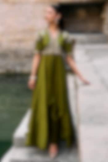 Olive Green Silk Zardosi Embroidered High-Low Bridal Anarkali Set by Jayanti Reddy at Pernia's Pop Up Shop