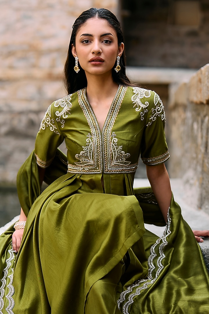 Olive Green Silk Zardosi Embroidered High-Low Wedding Anarkali Set by Jayanti Reddy at Pernia's Pop Up Shop