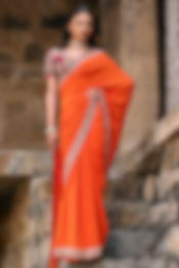 Orange Silk Hand Embroidered Bridal Saree Set by Jayanti Reddy at Pernia's Pop Up Shop