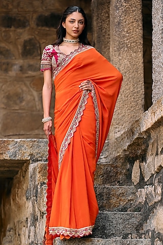 Orange Silk Hand Embroidered Saree Set by Jayanti Reddy