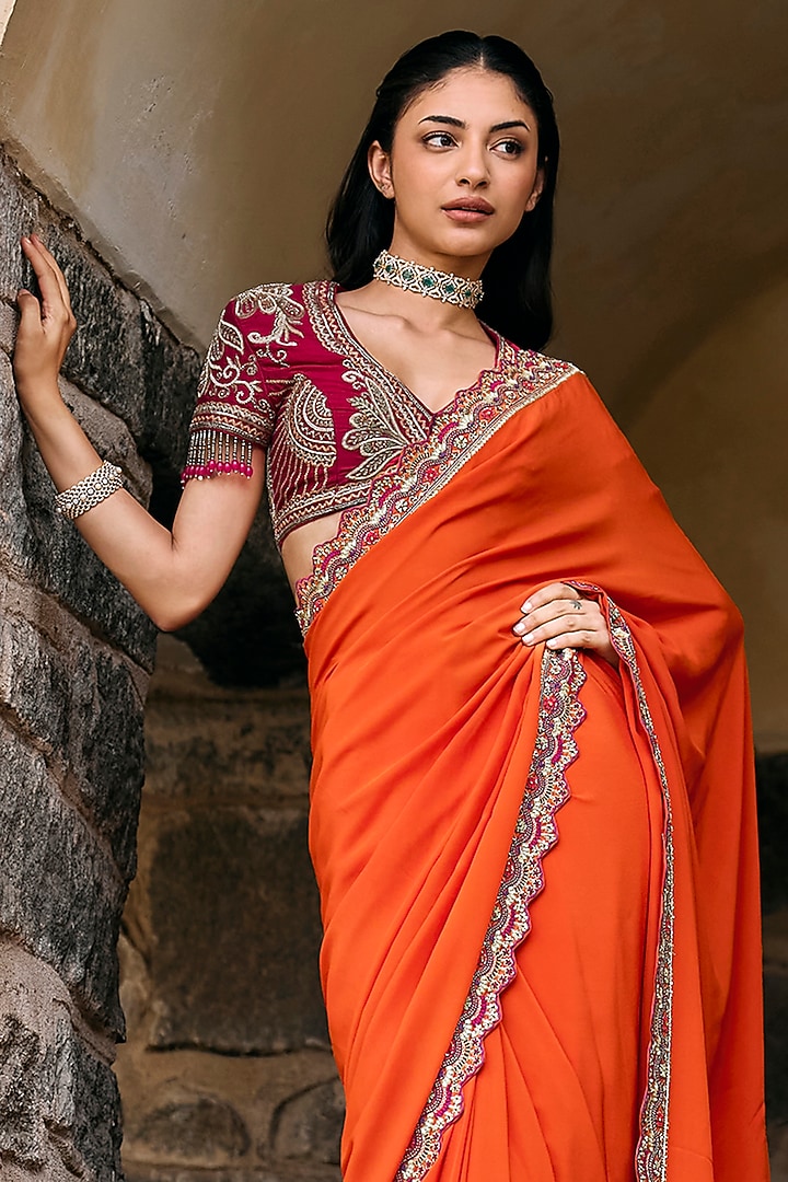 Orange Silk Hand Embroidered Bridal Saree Set by Jayanti Reddy at Pernia's Pop Up Shop