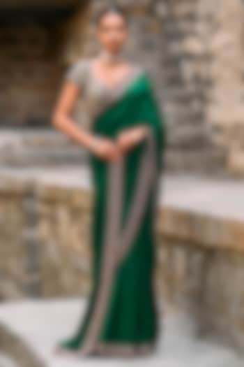 Bottle Green Silk Hand Embroidered Bridal Saree Set by Jayanti Reddy at Pernia's Pop Up Shop
