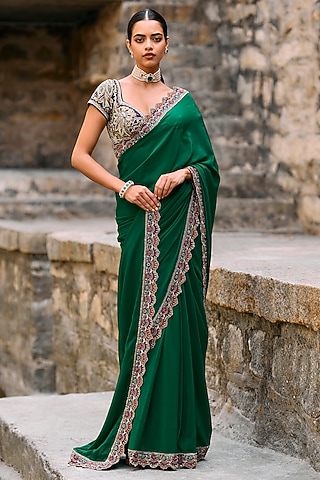 Bottle Green Silk Hand Embroidered Saree Set by Jayanti Reddy