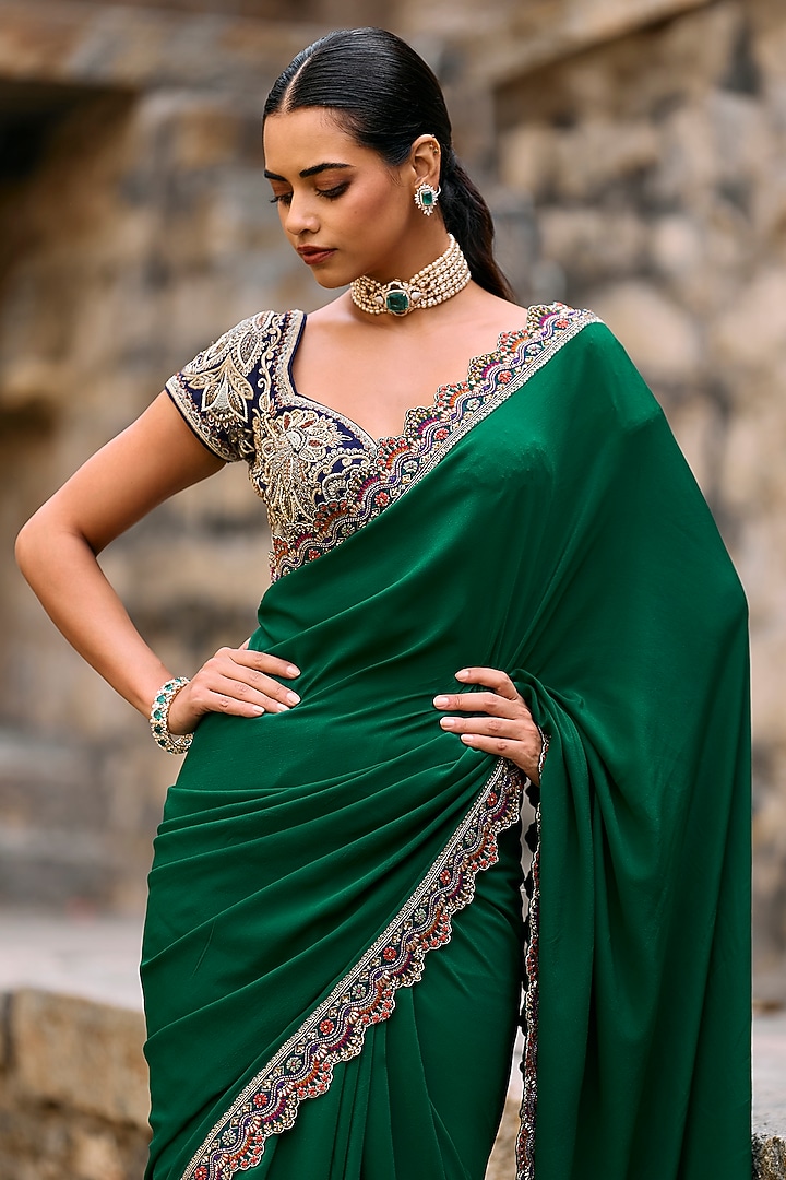 Bottle Green Silk Hand Embroidered Bridal Saree Set by Jayanti Reddy at Pernia's Pop Up Shop