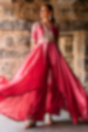 Coral Raw Silk Zardosi Embroidered High-Low Wedding Anarkali Set by Jayanti Reddy at Pernia's Pop Up Shop