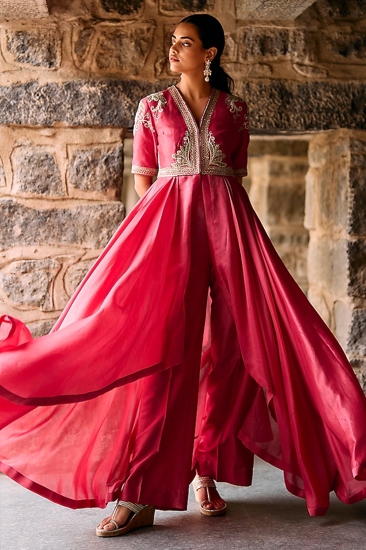 Coral Raw Silk Zardosi Embroidered High-Low Wedding Anarkali Set by Jayanti Reddy at Pernia's Pop Up Shop