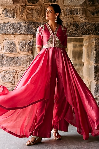 Coral Raw Silk Zardosi Embroidered High-Low Anarkali Set by Jayanti Reddy