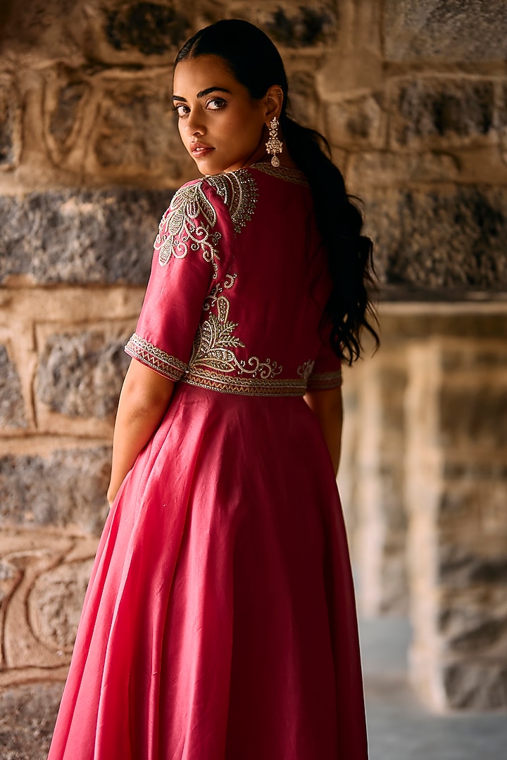 Coral Raw Silk Zardosi Embroidered High-Low Wedding Anarkali Set by Jayanti Reddy at Pernia's Pop Up Shop