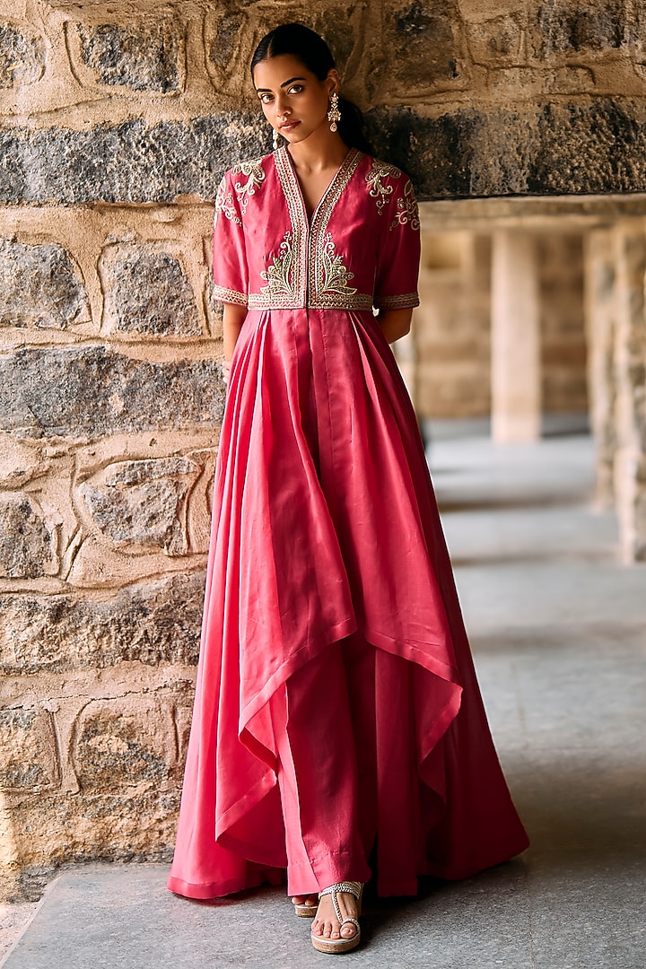Coral Raw Silk Zardosi Embroidered High-Low Wedding Anarkali Set by Jayanti Reddy at Pernia's Pop Up Shop