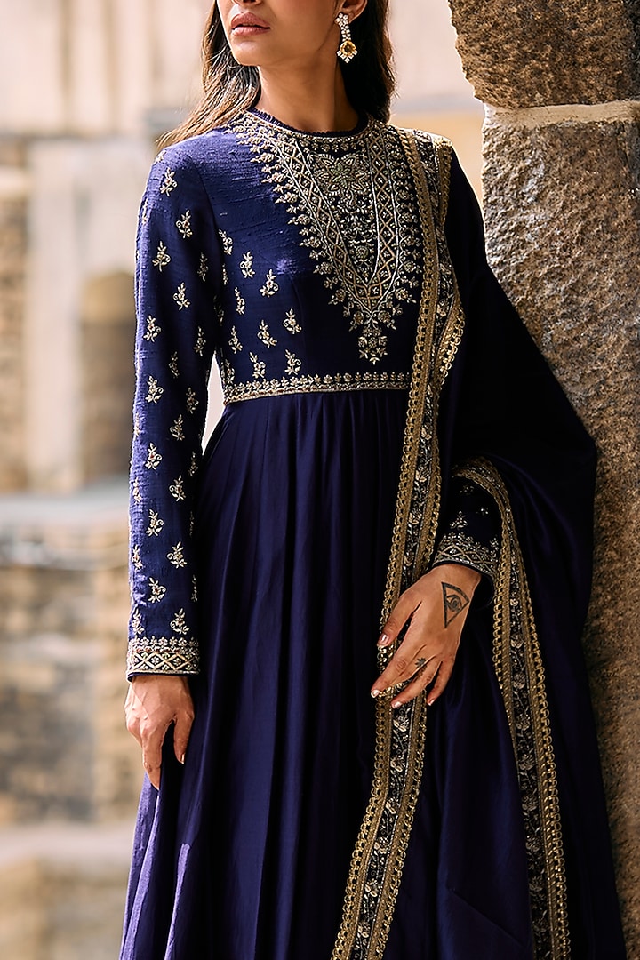 Purple Raw Silk Zardosi Embroidered Bridal Anarkali Set by Jayanti Reddy at Pernia's Pop Up Shop