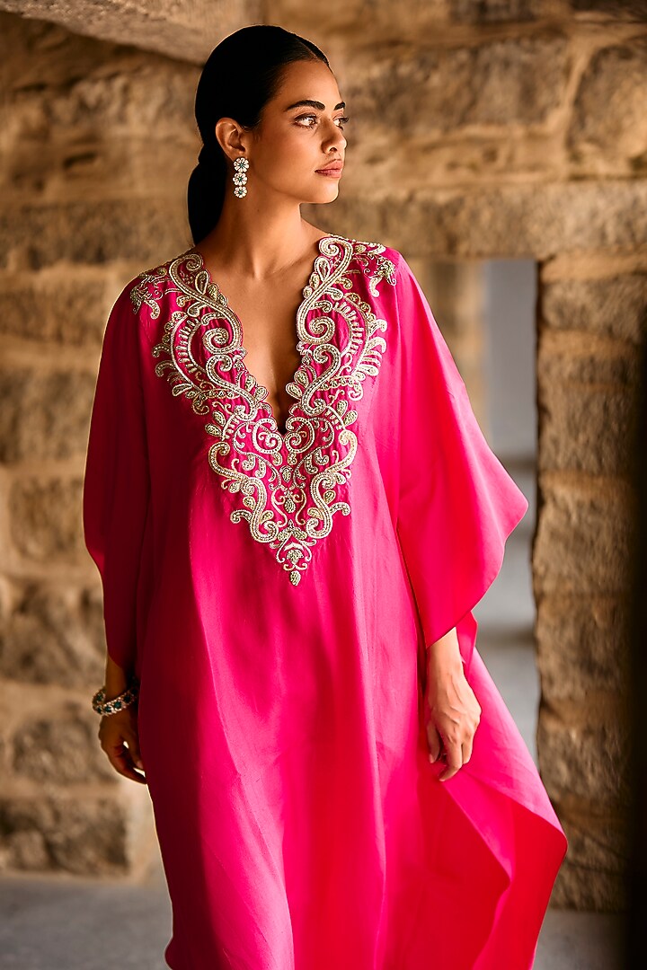 Pink Silk Zardosi Embroidered Kaftan Set by Jayanti Reddy at Pernia's Pop Up Shop