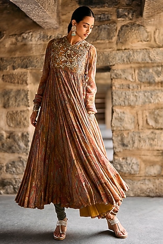 Multi-Colored Raw Silk Zardosi Embroidered Anarkali Set by Jayanti Reddy