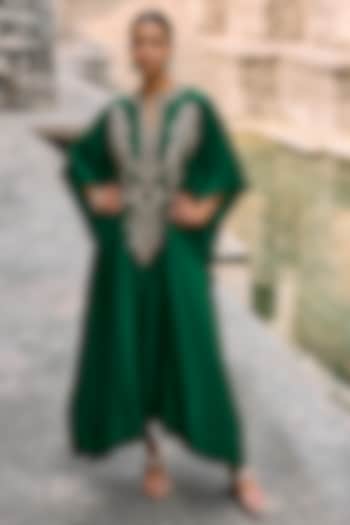 Bottle Green Silk Zardosi Embroidered Kaftan by Jayanti Reddy at Pernia's Pop Up Shop