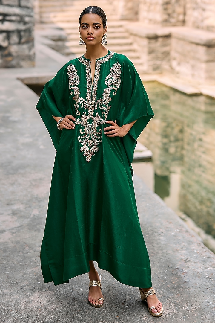 Bottle Green Silk Zardosi Embroidered Kaftan by Jayanti Reddy at Pernia's Pop Up Shop