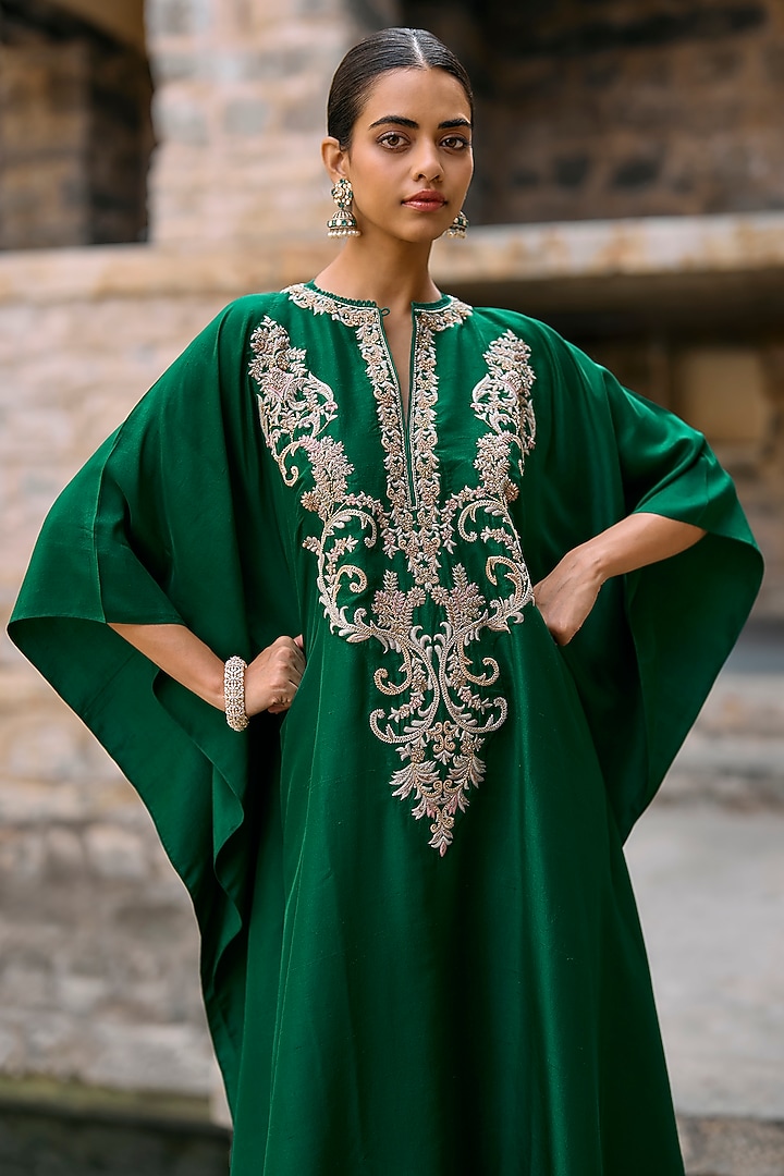 Bottle Green Silk Zardosi Embroidered Kaftan by Jayanti Reddy at Pernia's Pop Up Shop