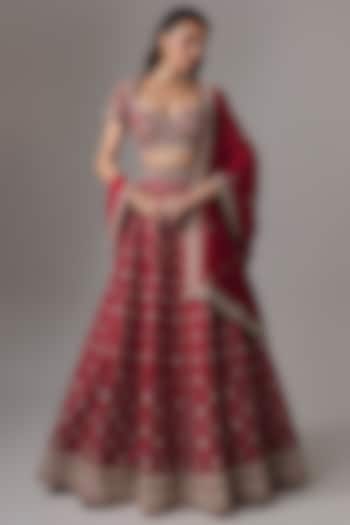 Red Raw Silk Zardosi Embroidered Bridal Lehenga Set by Jayanti Reddy at Pernia's Pop Up Shop