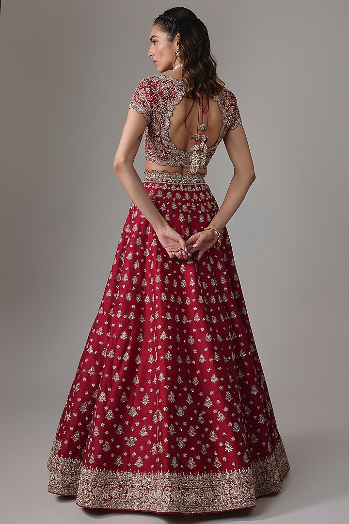 Red Raw Silk Zardosi Embroidered Bridal Lehenga Set by Jayanti Reddy at Pernia's Pop Up Shop